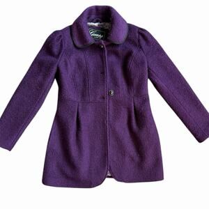Women's Purple GUESS Wool Pea Coat with Bow and Snake Print Lining Size Medium